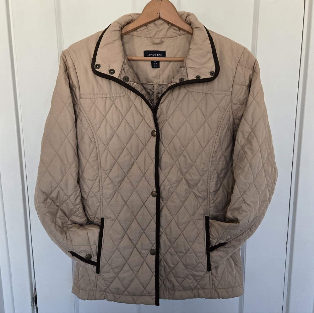 Land's‎ End Women's Quilted Chore Coat Size M Equestrian Tan Brown Utility*